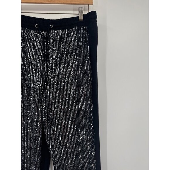 Umgee Womens silver Sequin Pants Black linen joggers Size Large new - Picture 2 of 6